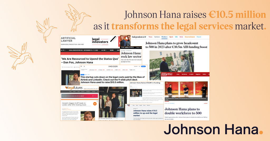 Collage of press coverage of Johnson Hana's recent fundraise and its impact on the legal services market